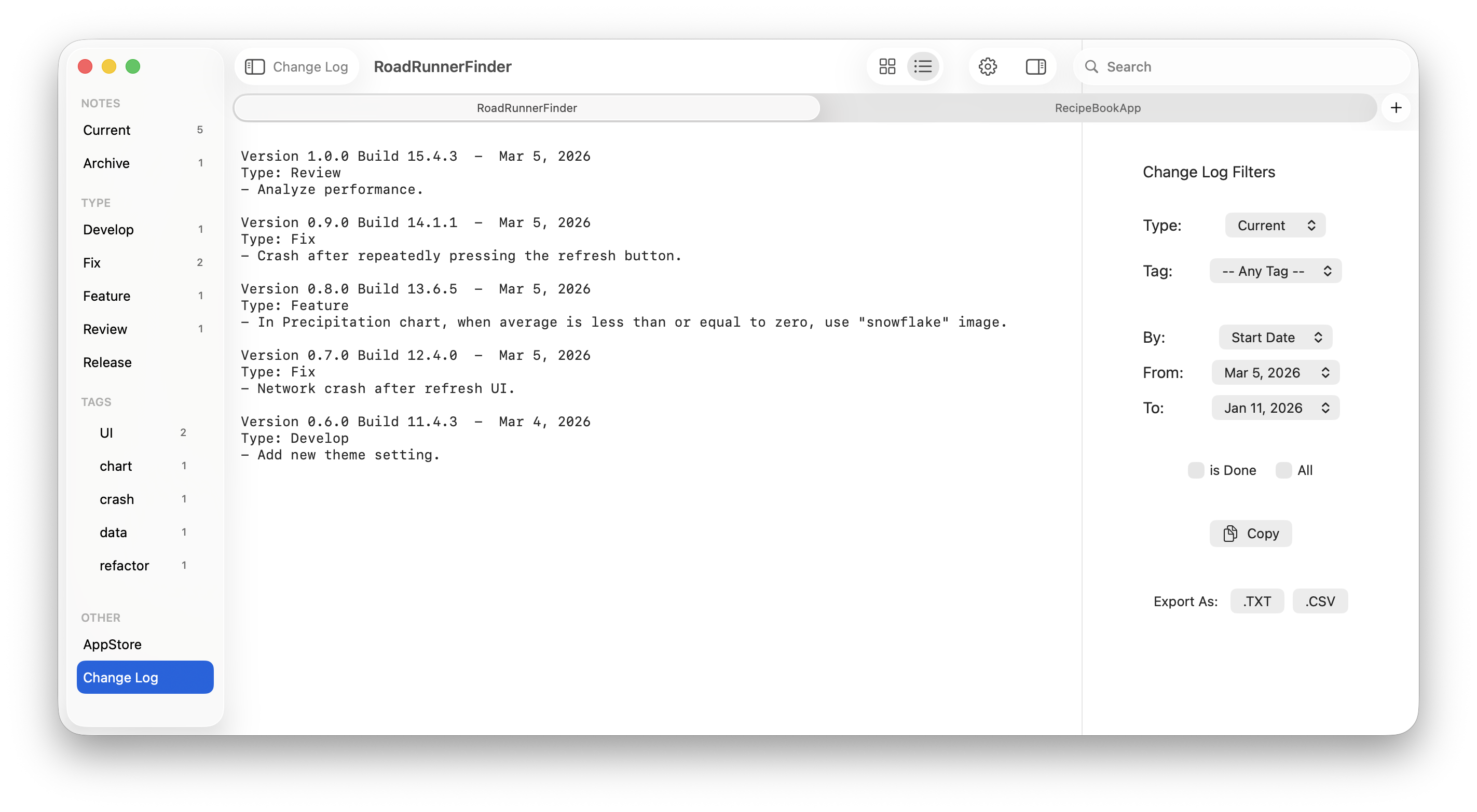 Change Log View